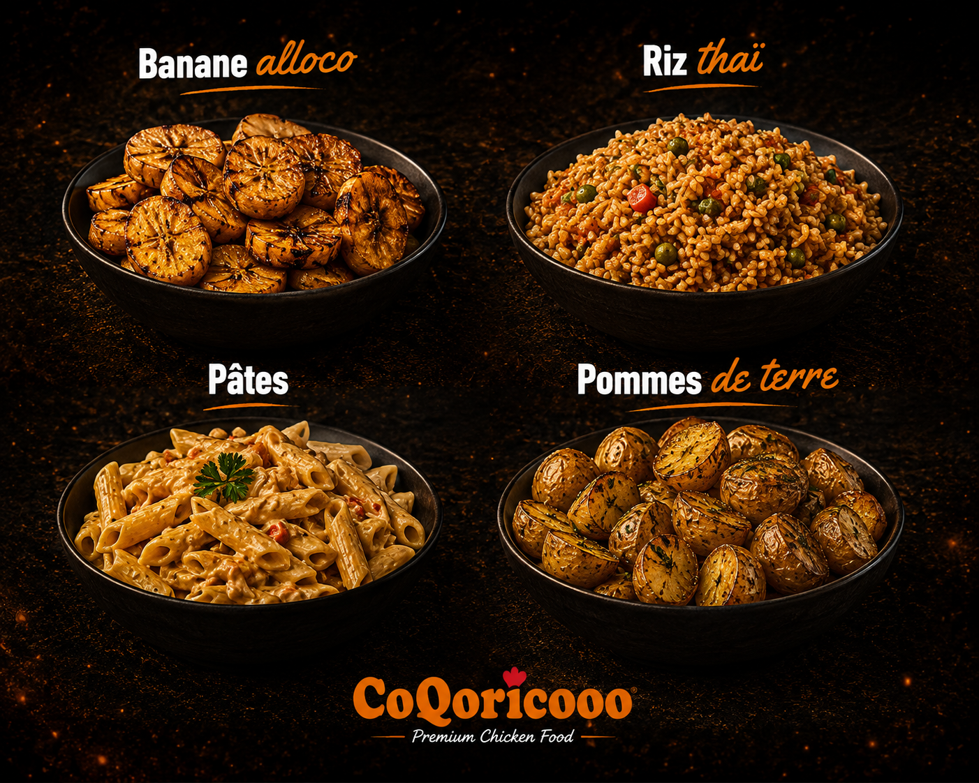 Banane alloco, riz thaï, pâtes et pommes de terre en barquettes