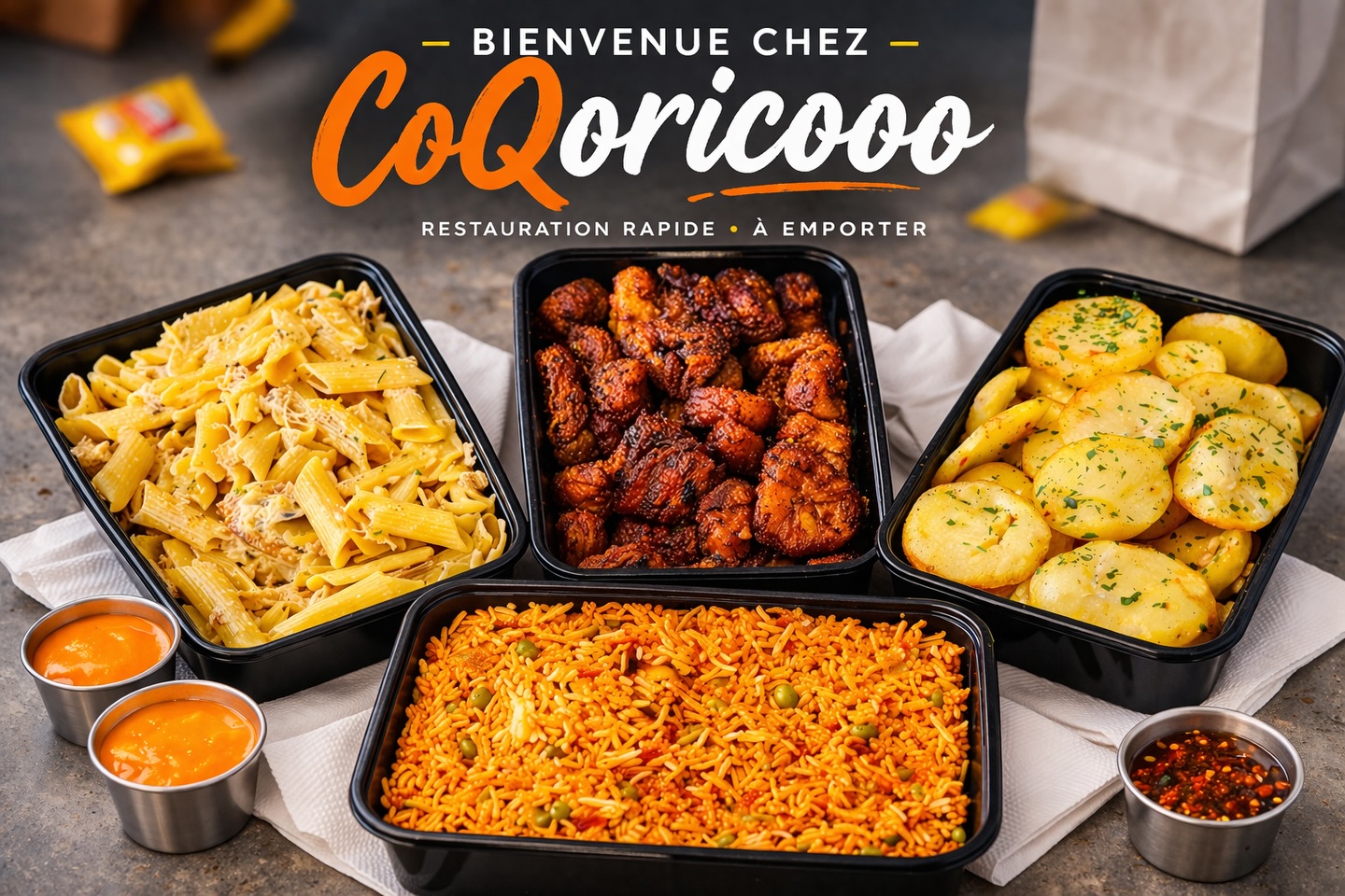 Affiche coQoricooo : quatre formules à emporter, pâtes, poulet, pommes de terre et riz