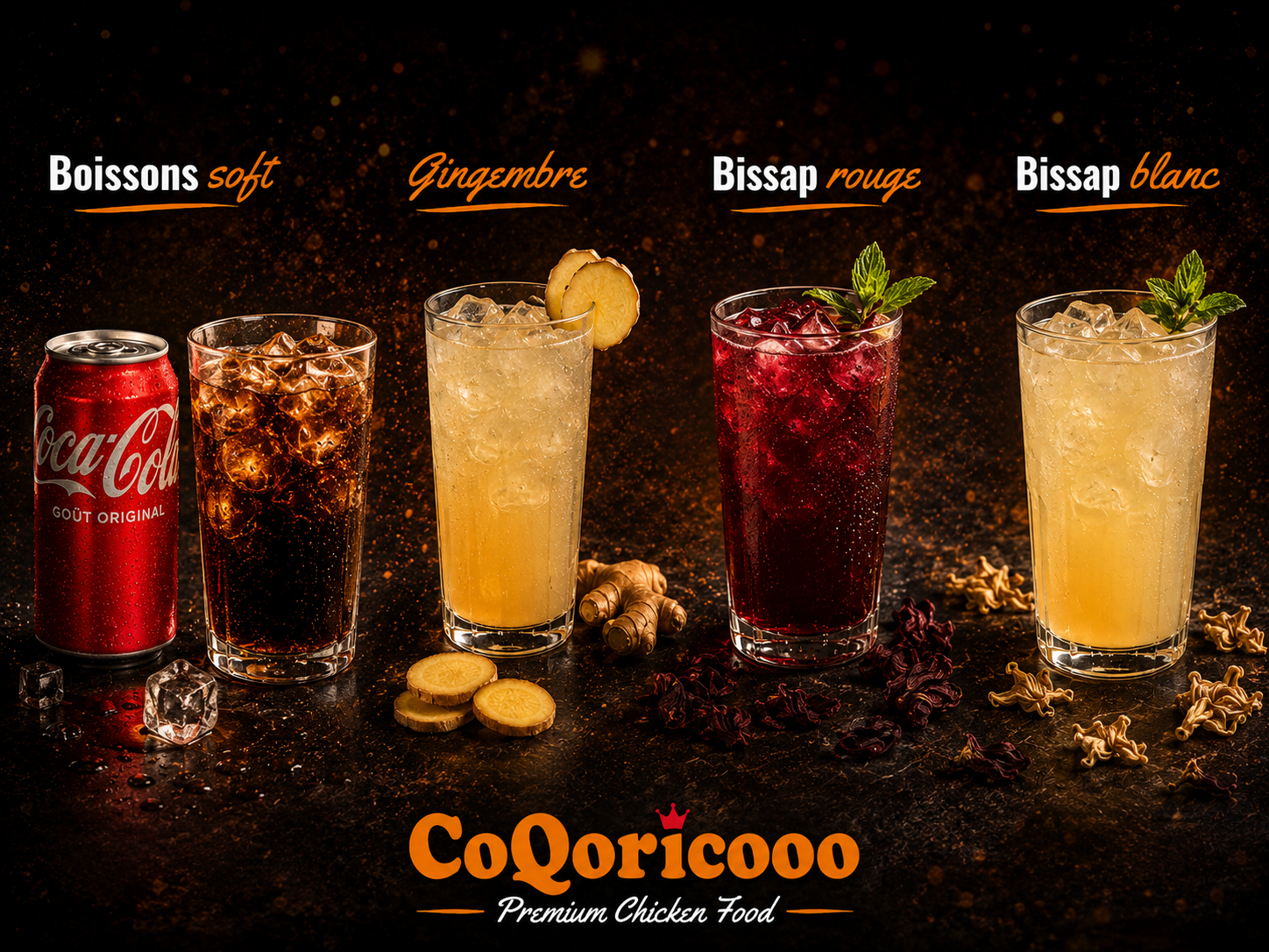 Bissap rouge, bissap blanc, jus de gingembre et boisson soft