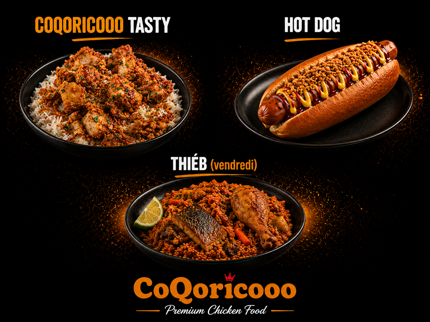 Sélection des spécialités coQoricooo : hot-dog, crousti, thiéb et pastels