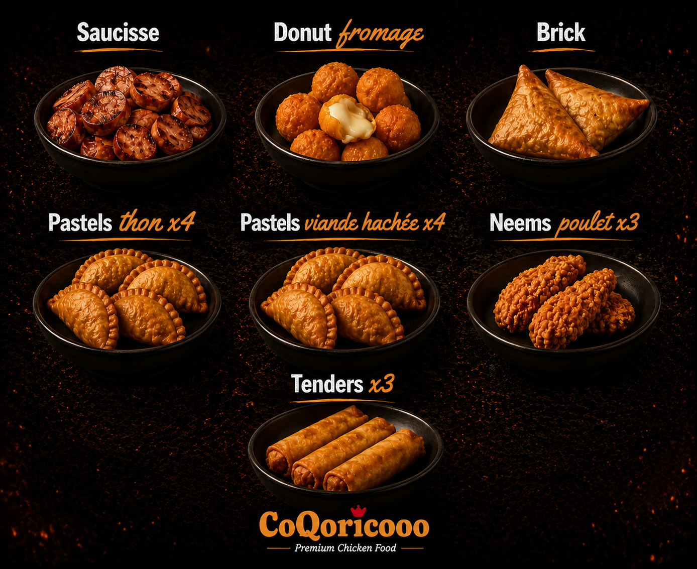 Tenders, donut fromage, bricks, pastels et neems poulet