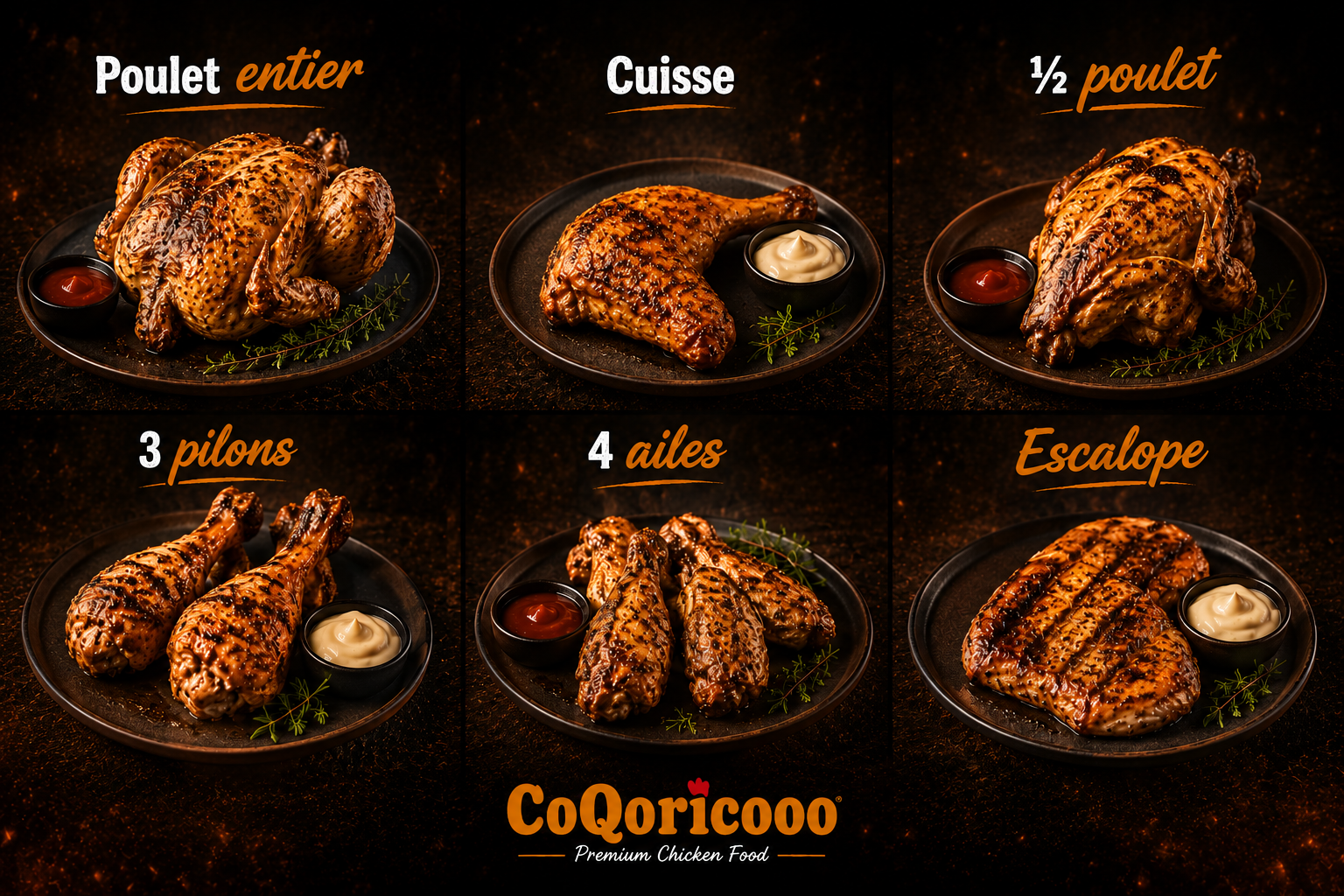 Poulet entier doré, cuisses, pilons et ailes croustillantes de coQoricooo
